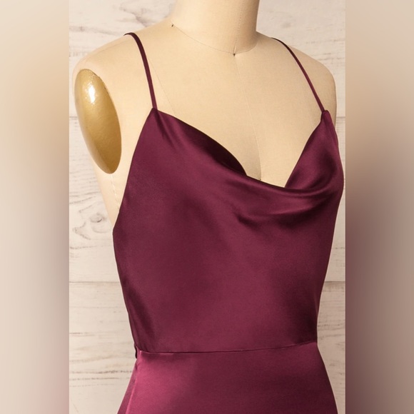 Burgundy Satin cowl neck open back dress with slit - Picture 4 of 7